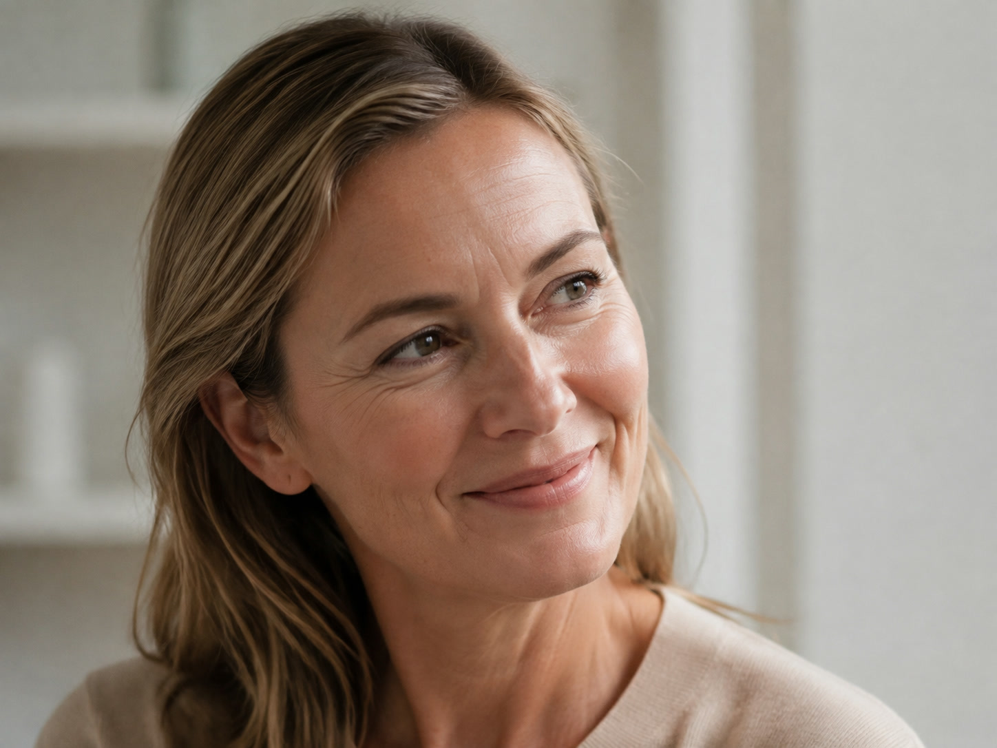 Woman smiling naturally with visible expression lines around her eyes and forehead
