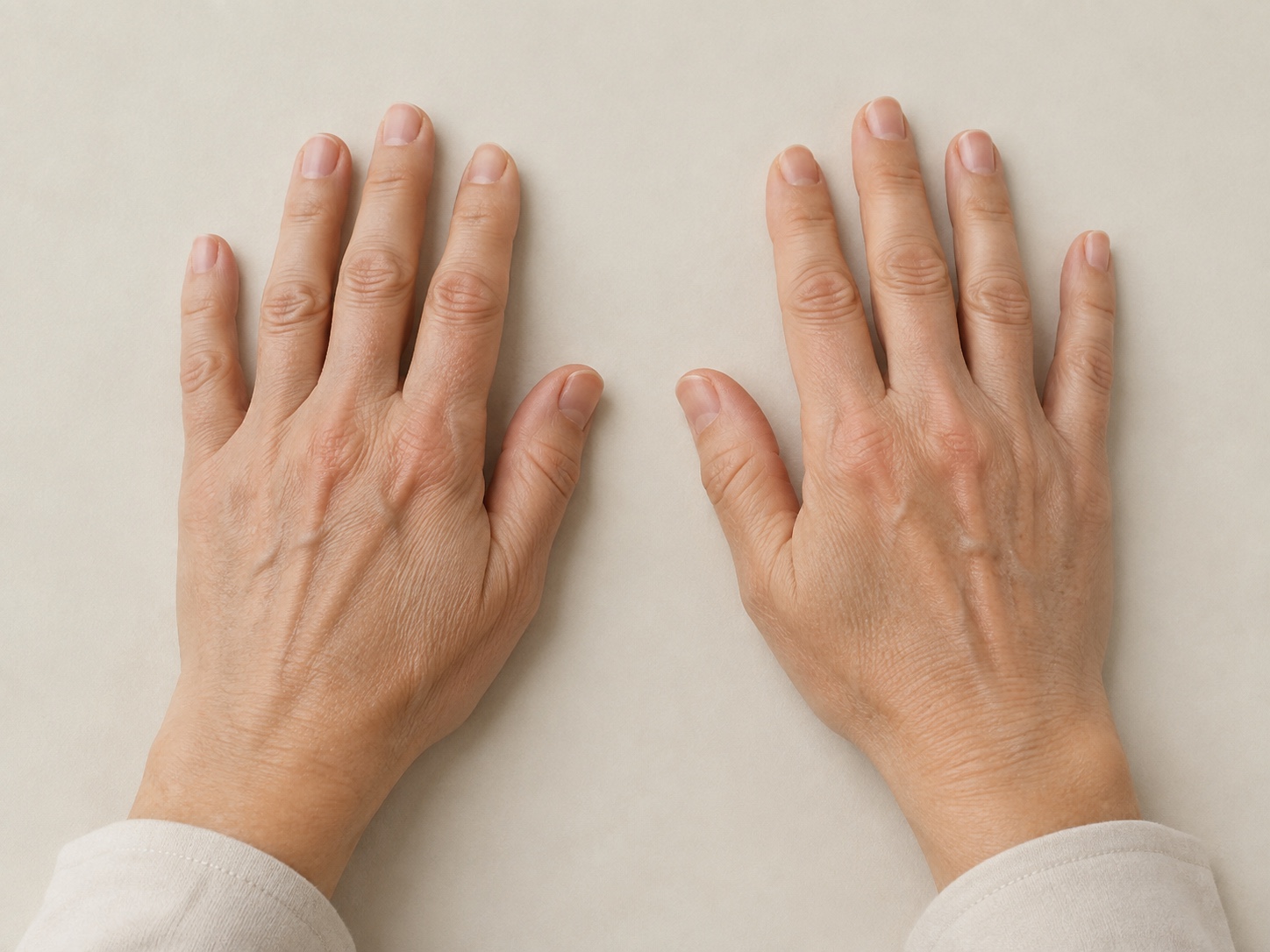 Backs of a woman's hands resting side by side, showing natural skin tone, veins and contours
