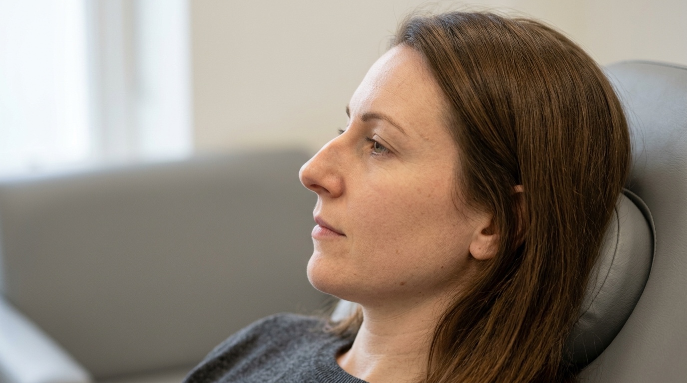 Side profile of a woman reclining on a clinic chair, showing the natural contour of her nose