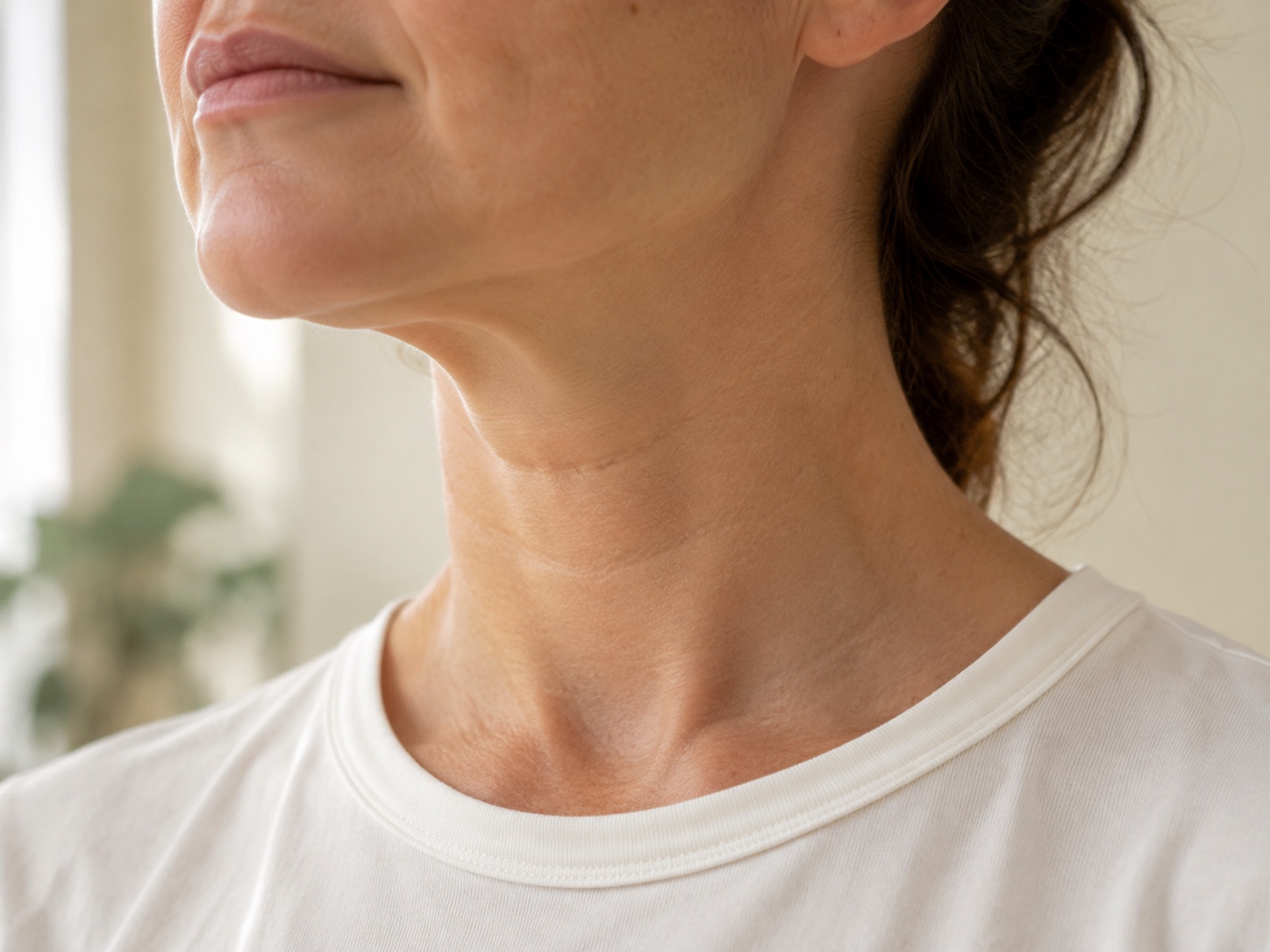 Illustrative close-up of a woman’s neck and jaw with natural horizontal neck lines