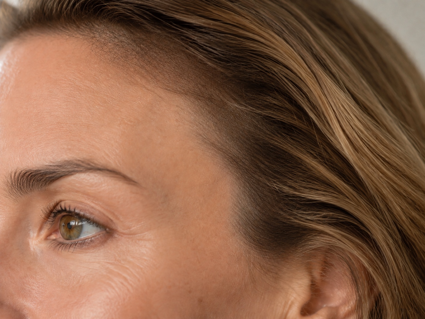 Close-up of a woman's temple, outer eye and hairline showing the natural upper-face contour